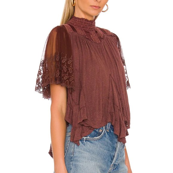 Free People Savannah Mock Neck Handkerchief Hem Blouse in Chocolate Lava  Size L - Picture 2 of 3